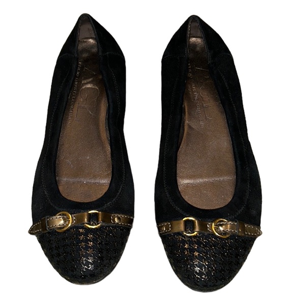 AGL Monika Black Suede Leather Metallic Gold Houndstooth Cap Toe Flats - 8.5 - Picture 5 of 15
